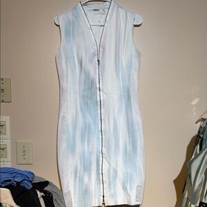 Elie Tahari Sleeveless White Dress with Light Blue Wash and Front Zip